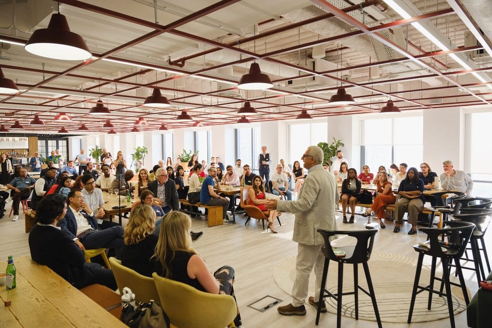 Wide-angle view of Level39’s contemporary interior during a corporate event