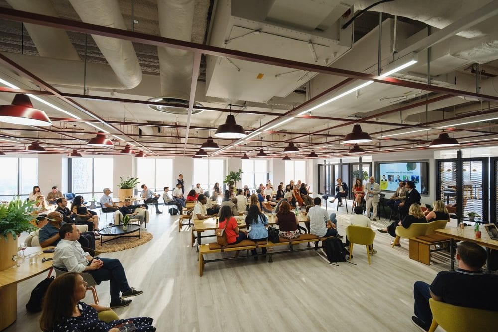 Wide-angle view of Level39’s contemporary interior during a corporate event