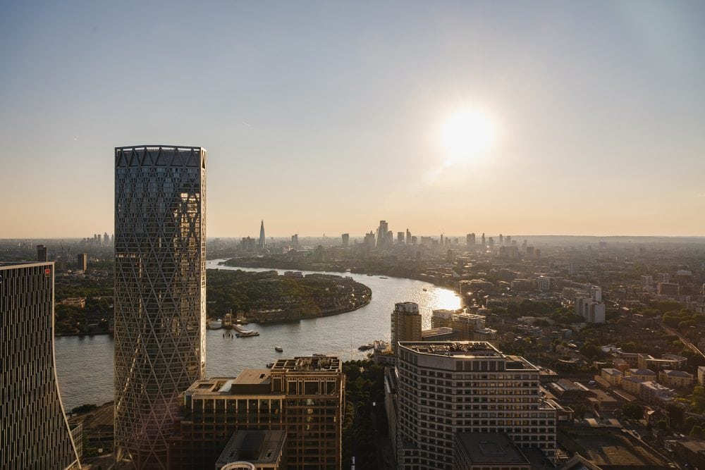 a scenic view of London at sunset from Level39 in canary wharf