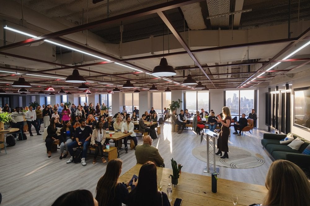Wide-angle view of Level39’s contemporary interior during a corporate event