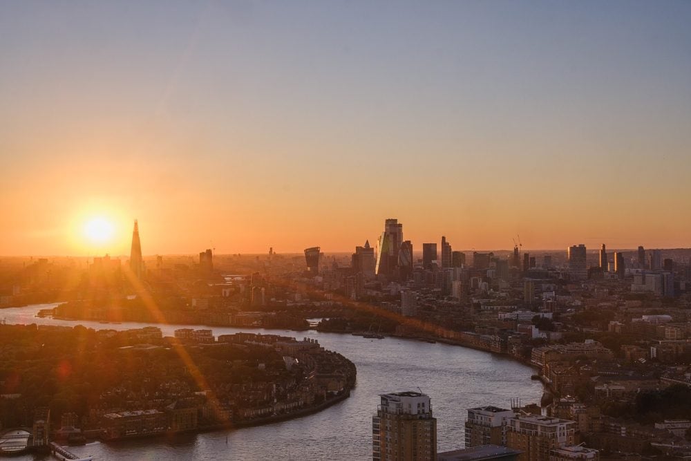 a scenic view of London at sunset from Level39 in canary wharf