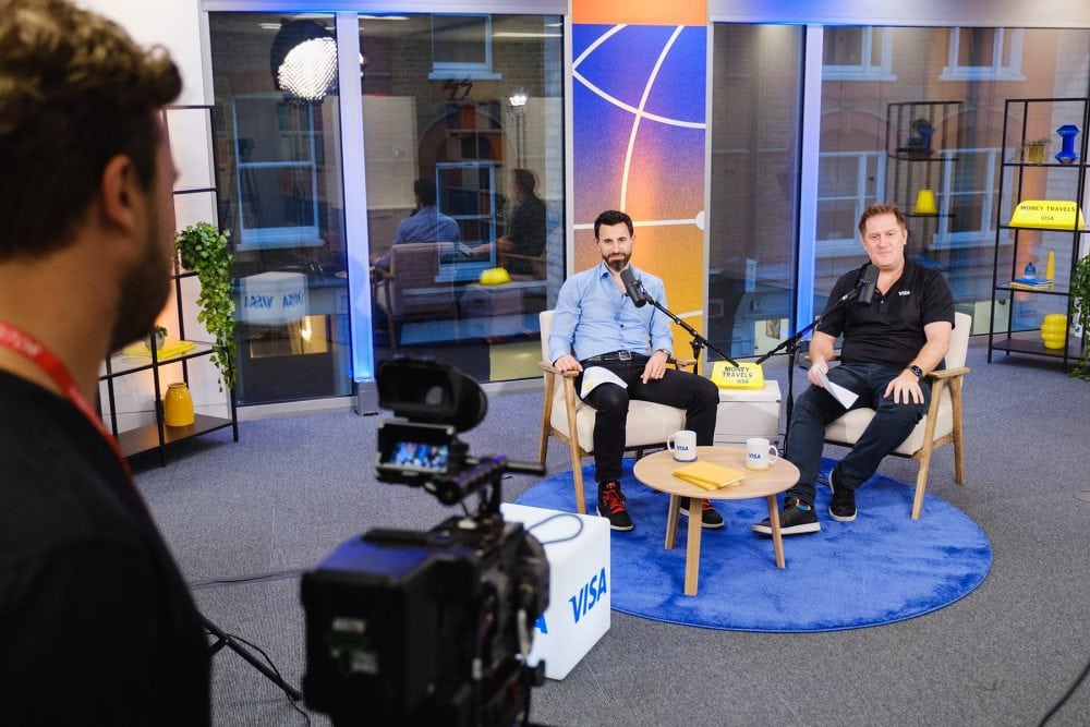 wide behind the scenes shot showing cameras filming the Money Travels podcast for VISA direct