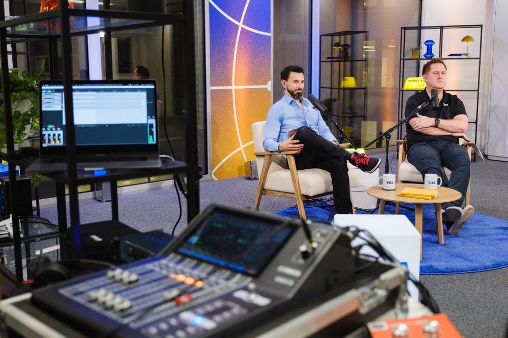 behind the scenes podcast PR photography showing the sound mixing desk on the money travels set