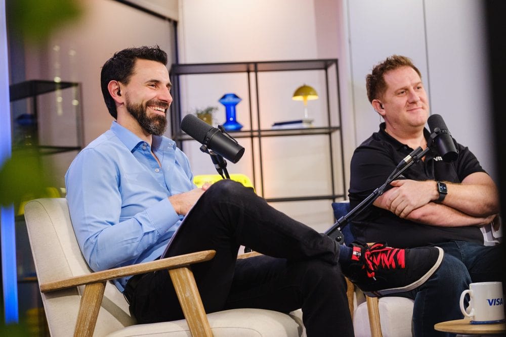 podcast PR photo showing Maxime Guirauton and Richard Arundel recording an episode of money travels podcast