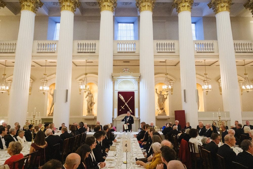 Wide shot of the Lord Mayor giving a speech in the Egyptian Hall at Mansion House for speeches