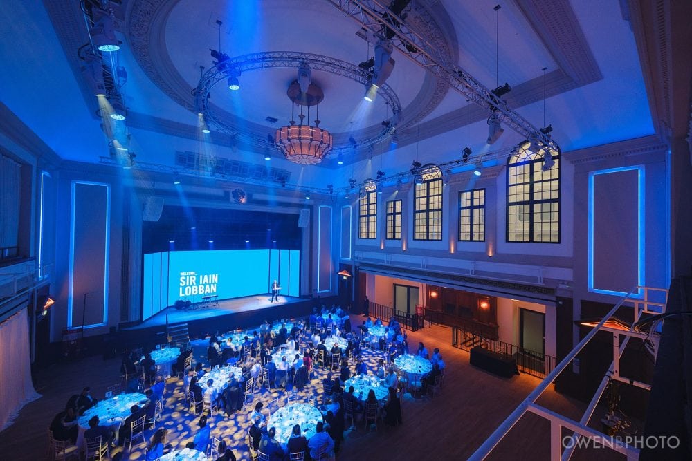 Wide overhead shot of a dinner event at Vision Hall London
