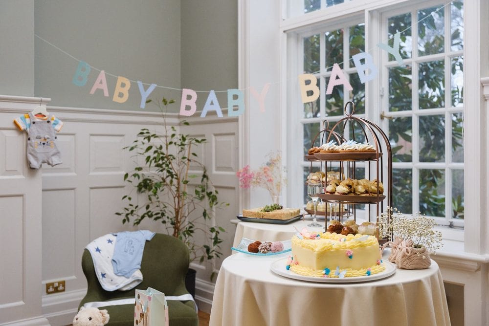 Decor and setup for a cosy baby shower in central London, London baby shower photography