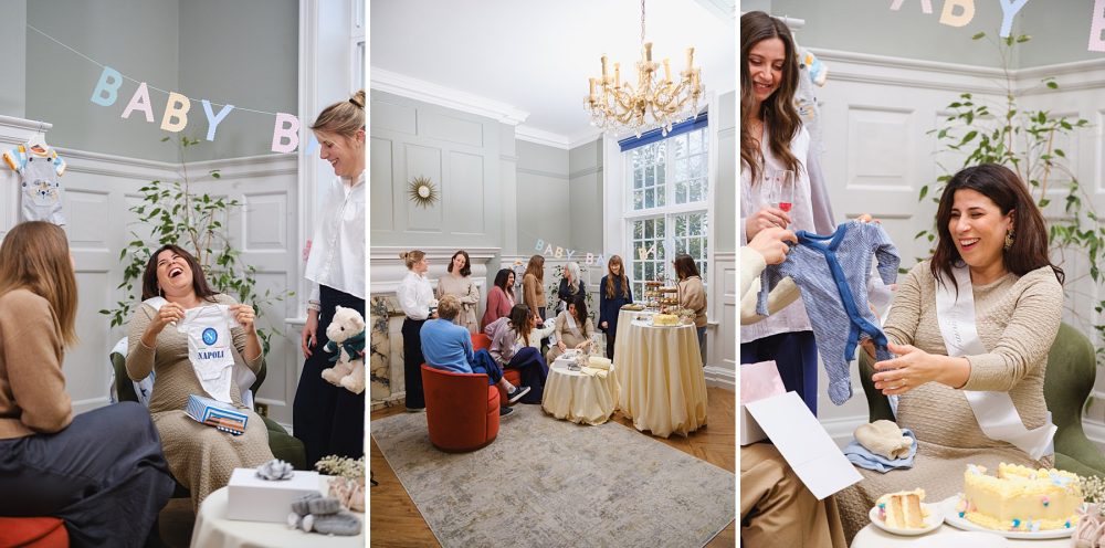 Guests enjoying afternoon tea at a baby shower in the Regency Room