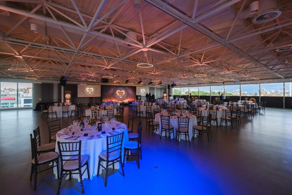 a wide shot of the Illuminate space set up for dinner at an event at London Science Museum