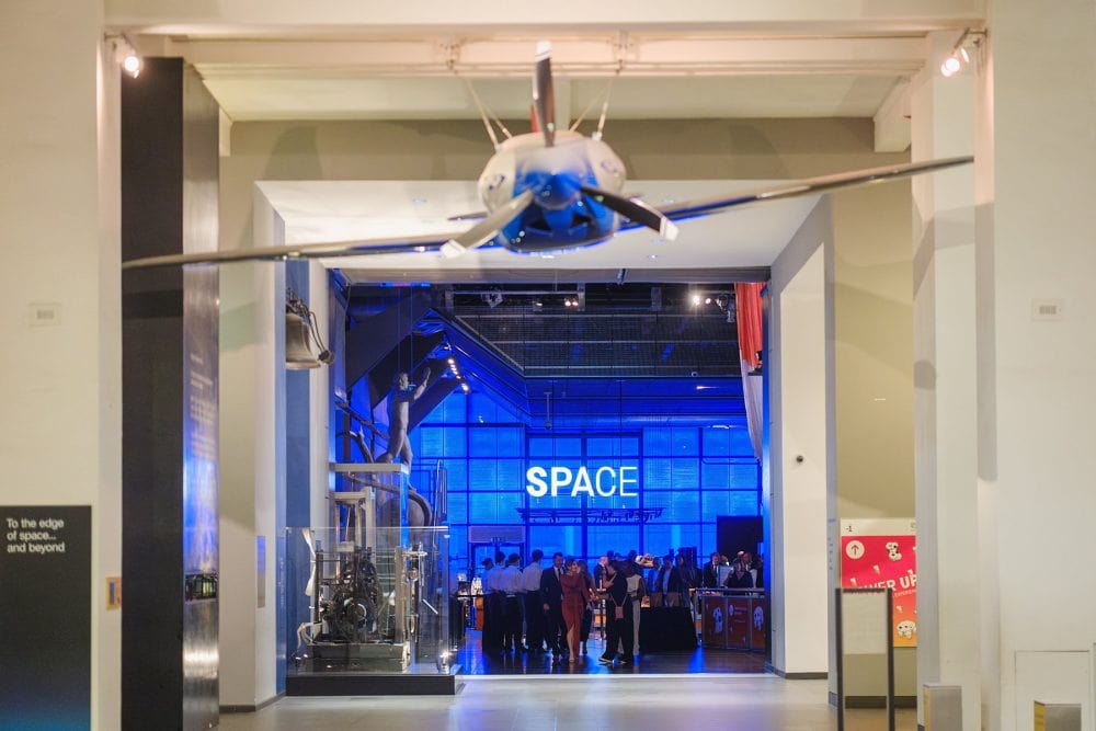 a view back towards the Space zone as guests start to move to Illuminate during an event at London Science Museum
